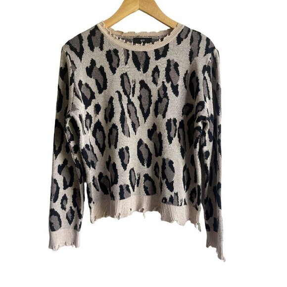 FATE Wool Blend Distressed Pullover Sweater Size Small Crewneck Leopard Animal P - Picture 3 of 9